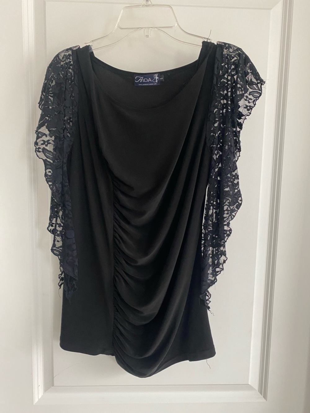 Aida ballroom practice wear Black Lace Sleeve Draped  Top